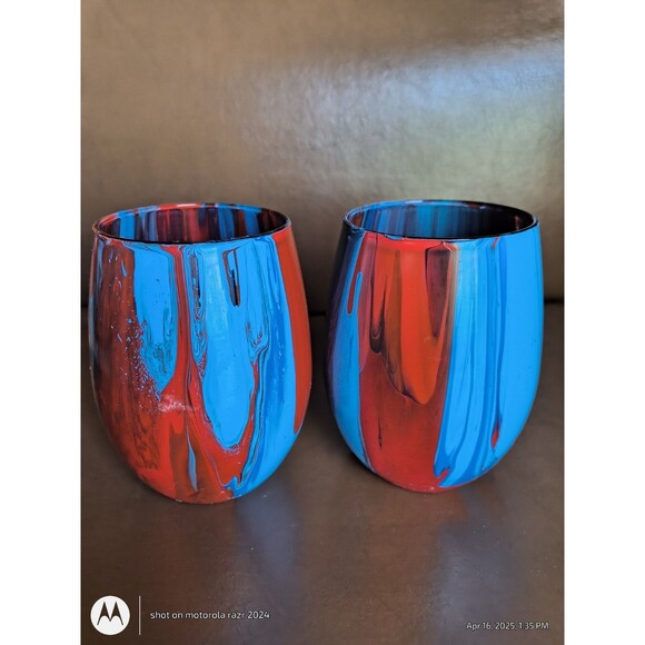 Set of 2 Tie Dye Wine Glasses Art Deco - Picture 3 of 5